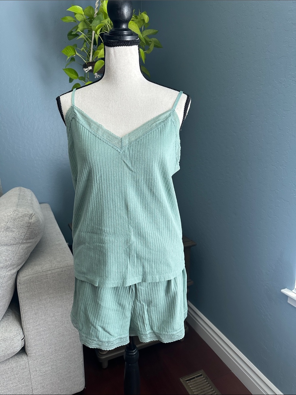 Victoria's Secret Ribbed Lace-Trim Camisole & Shorts Set - Sage